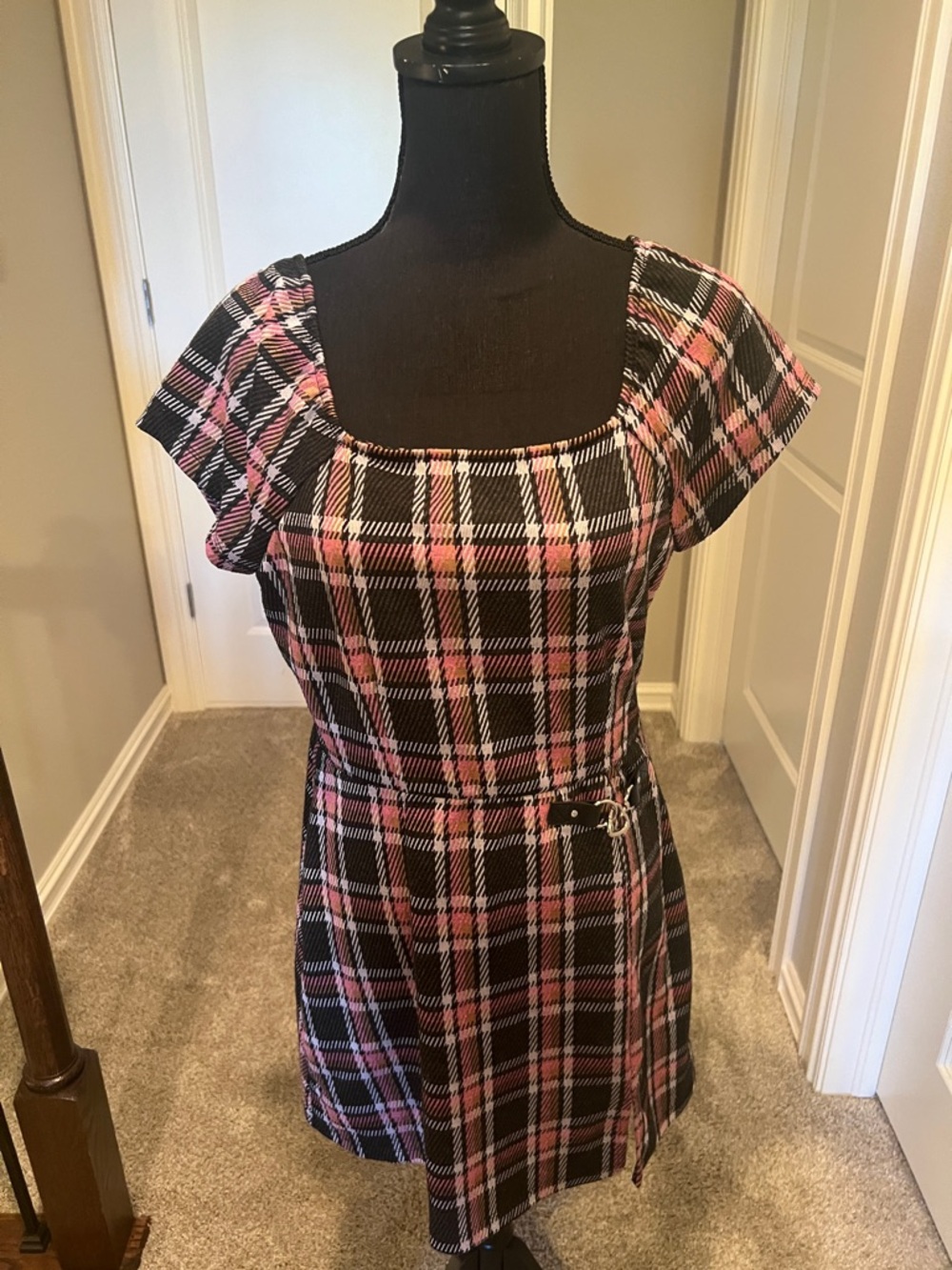 Plaid Square-Neck Mini Dress in Pink and Black